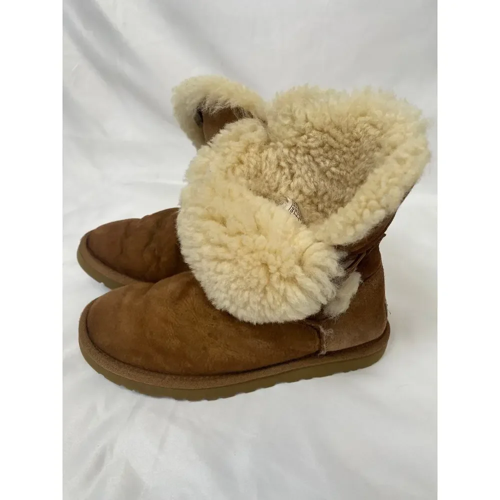 UGG Australian Bailey Button Tan Sheepskin Shearling Pull-On Ankle Boots US 5